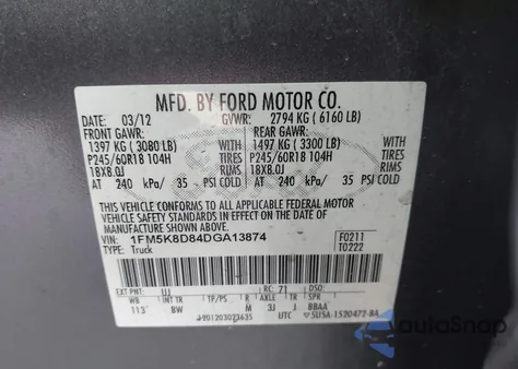 2013 Ford Explorer Xlt из США, поврежденный, VIN 1FM5K8D84DGA13874